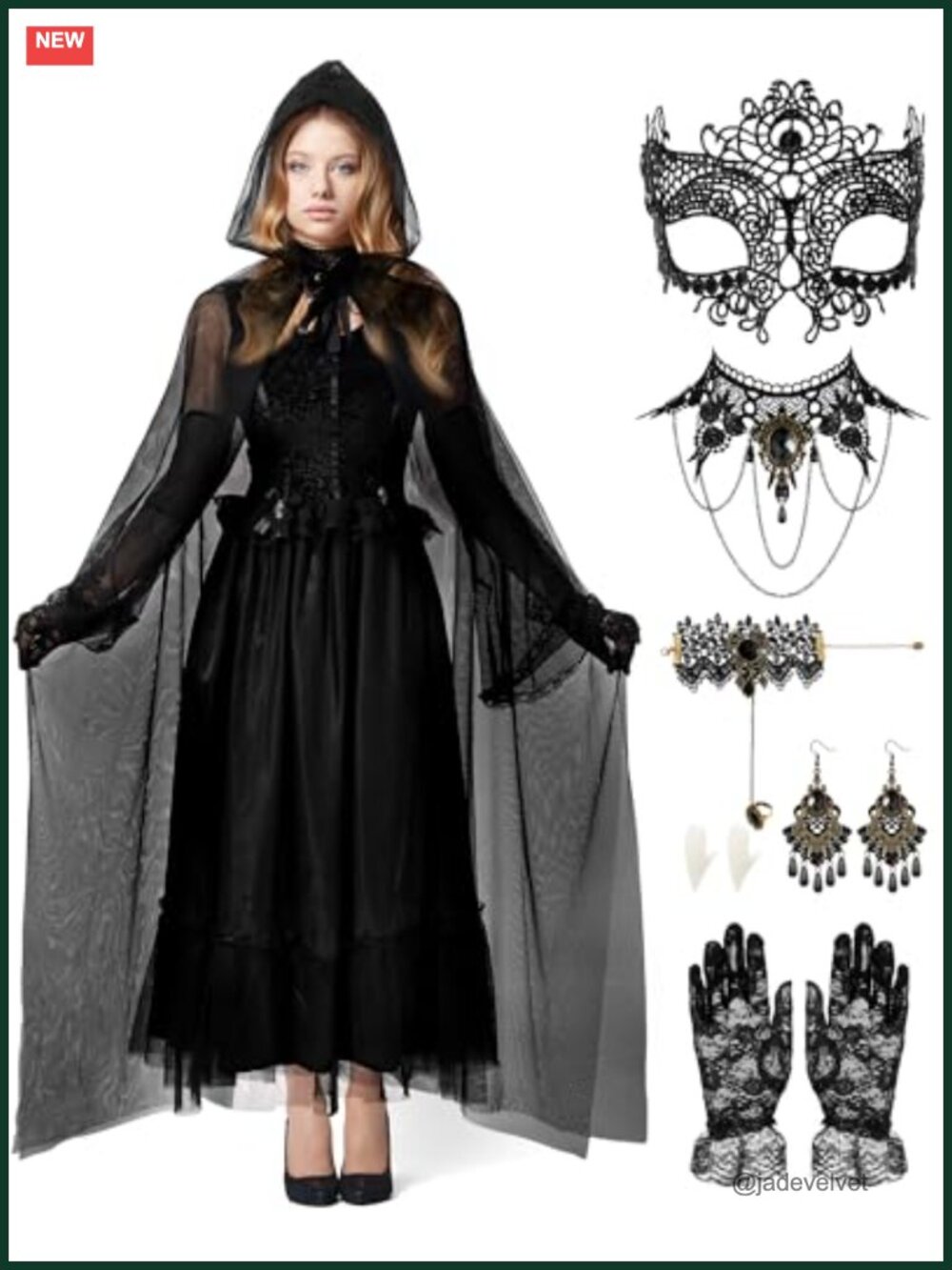 Gothic Witch Vampire Cape Set Lace Gloves Mask Costume Accessories